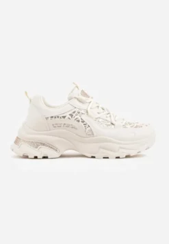 Beżowe Sneakersy na Platformie Ozdobione Cyrkoniami i Koronką Antea