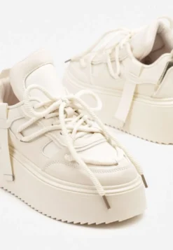 Beżowe Sneakersy na Platformie Ozdobione Sznurowaniem Vilvia
