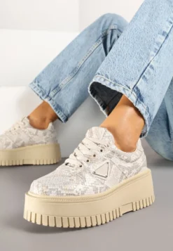 Beżowe Sneakersy na Platformie z Tłoczeniem Ozdobione Wężowym Printem Halinea