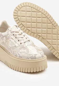 Beżowe Sneakersy na Platformie z Tłoczeniem Ozdobione Wężowym Printem Halinea