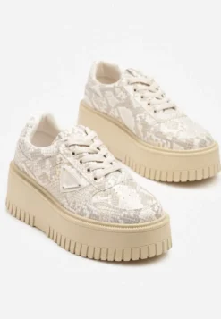 Beżowe Sneakersy na Platformie z Tłoczeniem Ozdobione Wężowym Printem Halinea