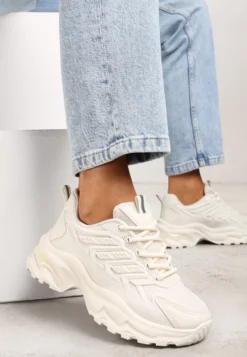 Beżowe Sneakersy na Tłoczonej Podeszwie z Siateczkowymi Wstawkami Amrogia