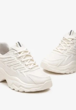 Beżowe Sneakersy na Tłoczonej Podeszwie z Siateczkowymi Wstawkami Amrogia