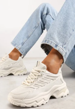 Beżowe Sneakersy na Tłoczonej Podeszwie z Siateczkowymi Wstawkami Amrogia