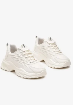 Beżowe Sneakersy na Tłoczonej Podeszwie z Siateczkowymi Wstawkami Amrogia