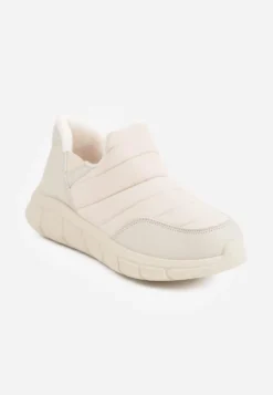 Beżowe Sneakersy Śniegowce na Platformie z Tłoczeniem i Pikowaną Cholewką Vermina