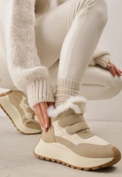 Beżowe Sneakersy Śniegowce Vices z Futerkiem na Platformie Zapinane na Rzep Nelosena