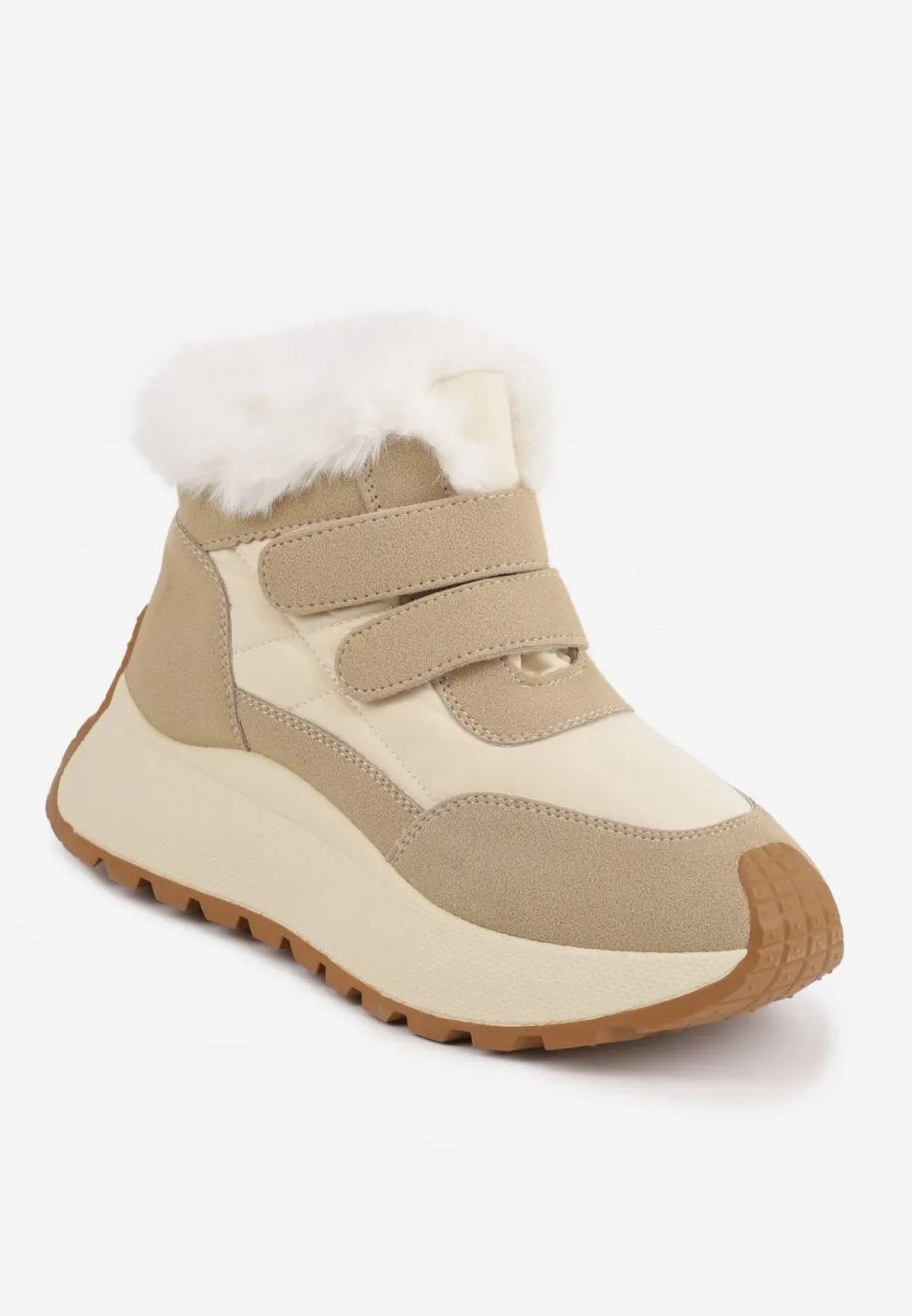 Beżowe Sneakersy Śniegowce Vices z Futerkiem na Platformie Zapinane na Rzep Nelosena