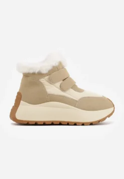 Beżowe Sneakersy Śniegowce Vices z Futerkiem na Platformie Zapinane na Rzep Nelosena