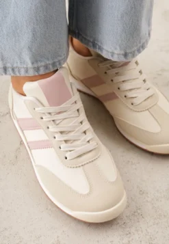 Beżowe Sneakersy Ozdobione Dwoma Paskami Lannatea