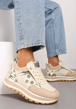 Beżowe Sneakersy Ozdobione Geometrycznym Wzorem i Metaliczną Wstawką Ifira