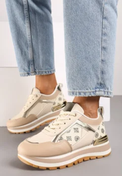 Beżowe Sneakersy Ozdobione Geometrycznym Wzorem i Metaliczną Wstawką Ifira
