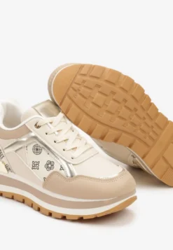 Beżowe Sneakersy Ozdobione Geometrycznym Wzorem i Metaliczną Wstawką Ifira