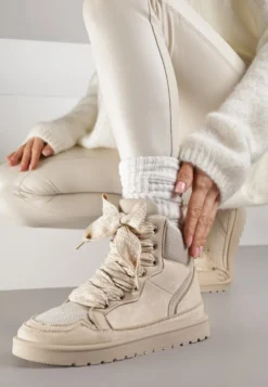 Beżowe Sneakersy Ozdobione Sznurówkami w Geometryczny Wzór Avoslia