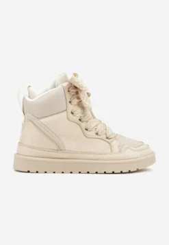 Beżowe Sneakersy Ozdobione Sznurówkami w Geometryczny Wzór Avoslia