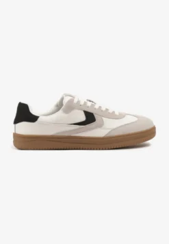 Beżowe Sneakersy Skórzane w Stylu Tenisówek z Geometrycznym Motywem Erisane