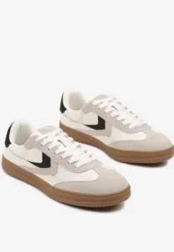Beżowe Sneakersy Skórzane w Stylu Tenisówek z Geometrycznym Motywem Erisane