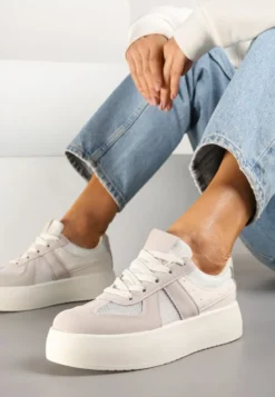 Beżowe Sneakersy Typu Kultowe Tenisówki na Grubej Podeszwie Nanessa