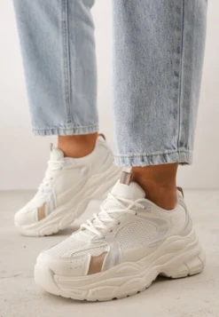 Beżowe Sneakersy VICES na Geometrycznej Platformie z Perforacją Elinata