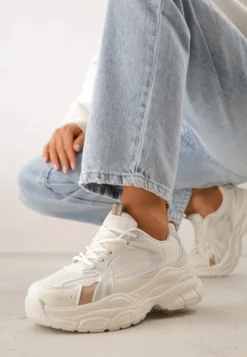 Beżowe Sneakersy VICES na Geometrycznej Platformie z Perforacją Elinata