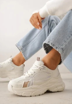 Beżowe Sneakersy VICES na Geometrycznej Platformie z Perforacją Elinata