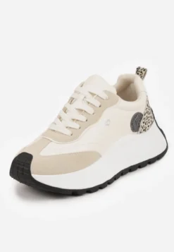 Beżowe Sneakersy Vices na Platformie Ozdobione Naszywką i Panterką Selothiel