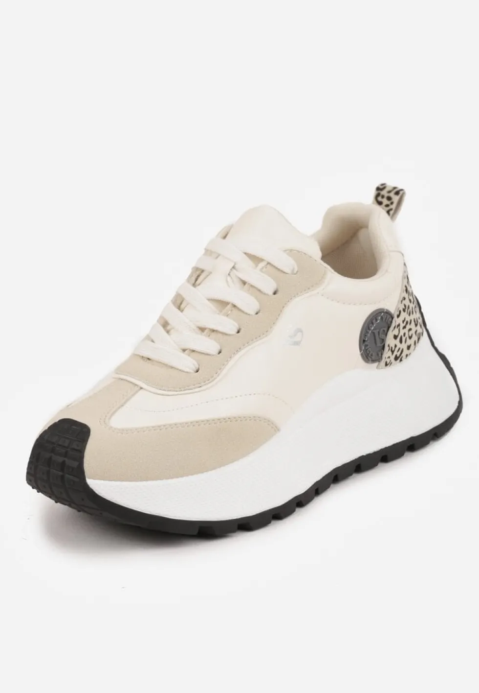 Beżowe Sneakersy Vices na Platformie Ozdobione Naszywką i Panterką Selothiel
