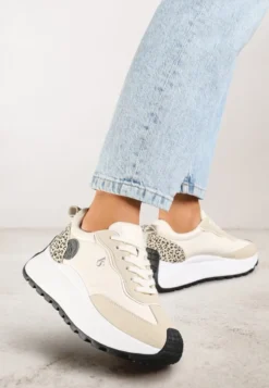 Beżowe Sneakersy Vices na Platformie Ozdobione Naszywką i Panterką Selothiel