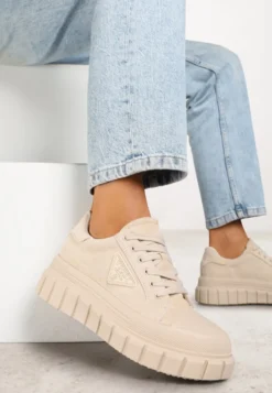 Beżowe Sneakersy Vices na Platformie z Ozdobą i Napisem Leawen