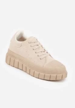 Beżowe Sneakersy Vices na Platformie z Tłoczeniem Ozdobione Perforacją Leaniael