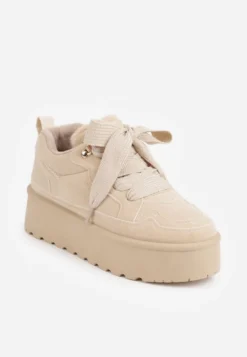 Beżowe Sneakersy Vices Stylizowane na Śniegowce na Platformie Obszyte Futerkiem Naleris