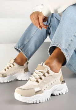 Beżowe Sneakersy w Steetwearowym Stylu na Tłoczonej Platformie Gonavielle