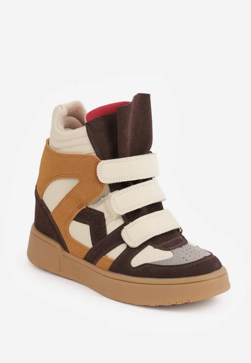 Beżowe Sneakersy w Stylu Y2K na Koturnie z Ociepleniem i Paskami na Rzep Aitia
