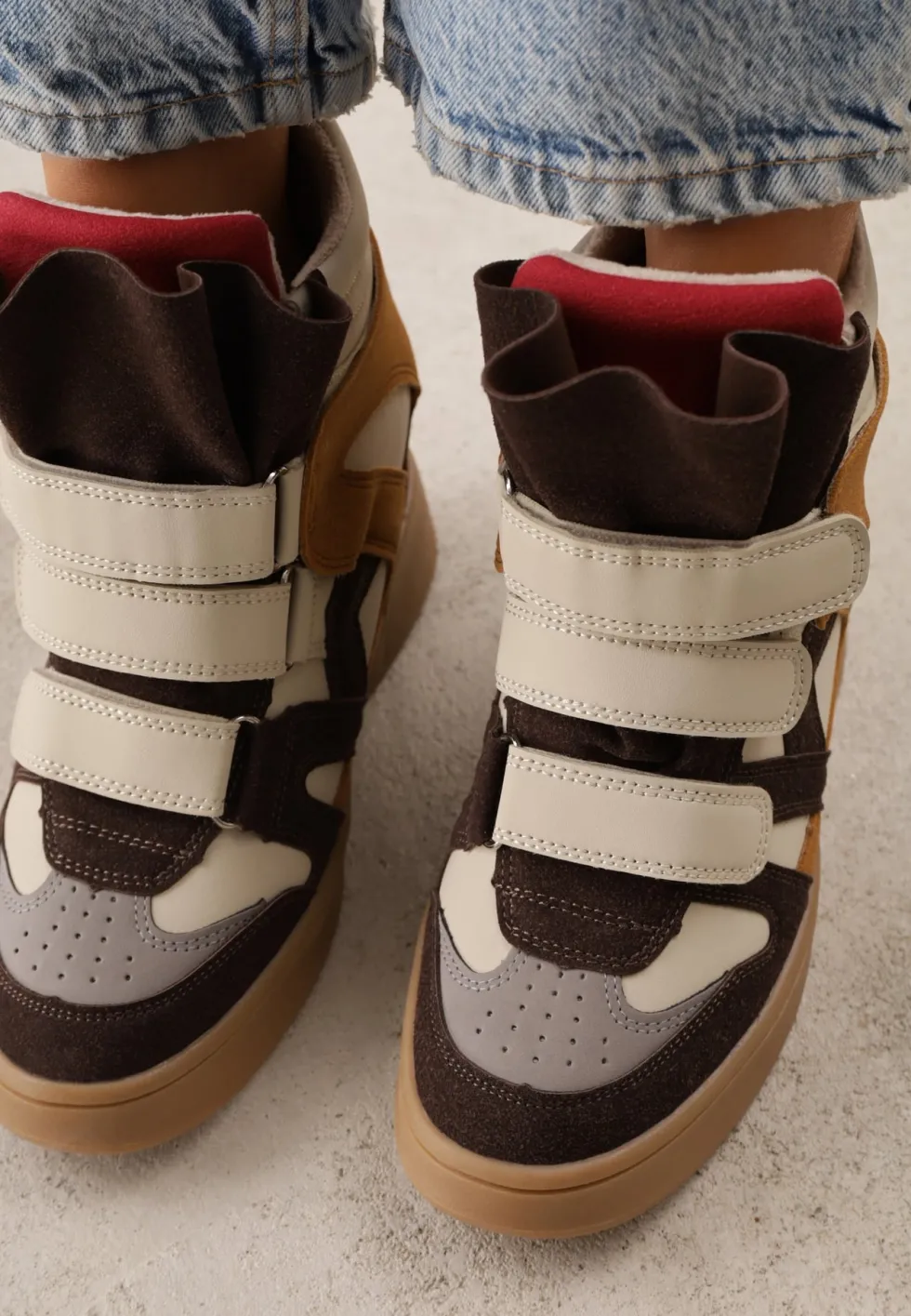Beżowe Sneakersy w Stylu Y2K na Koturnie z Ociepleniem i Paskami na Rzep Aitia