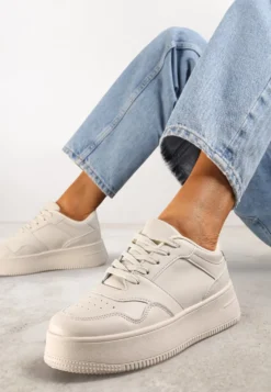 Beżowe Sneakersy z Cholewką przed Kostkę na Platformie Liciana