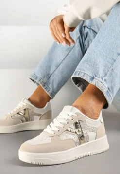 Beżowe Sneakersy Zdobione Metaliczną Aplikacją i Imitacją Skóry Węża Sarivane