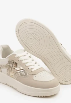 Beżowe Sneakersy Zdobione Metaliczną Aplikacją i Imitacją Skóry Węża Sarivane