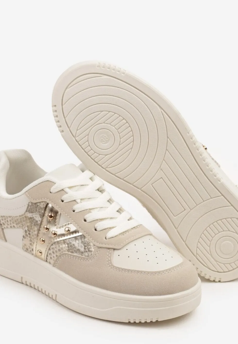 Beżowe Sneakersy Zdobione Metaliczną Aplikacją i Imitacją Skóry Węża Sarivane