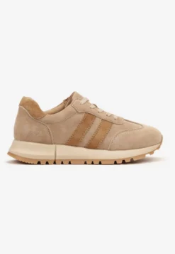 Beżowe Sneakersy ze Skóry Naturalnej z Paskami Kiarre
