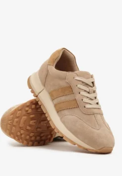 Beżowe Sneakersy ze Skóry Naturalnej z Paskami Kiarre