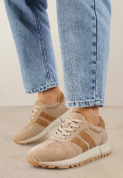 Beżowe Sneakersy ze Skóry Naturalnej z Paskami Kiarre