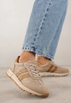 Beżowe Sneakersy ze Skóry Naturalnej z Paskami Kiarre