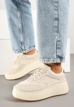 Beżowe Sneakersy ze Skóry Naturalnej na Tłoczonej Platformie Mirivin
