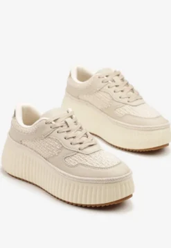 Beżowe Sneakersy ze Skóry Naturalnej na Tłoczonej Platformie Mirivin
