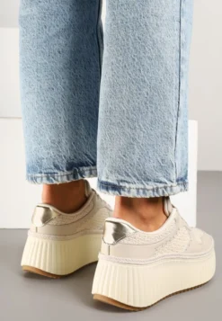 Beżowe Sneakersy ze Skóry Naturalnej na Tłoczonej Platformie Mirivin