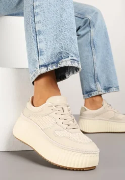 Beżowe Sneakersy ze Skóry Naturalnej na Tłoczonej Platformie Mirivin