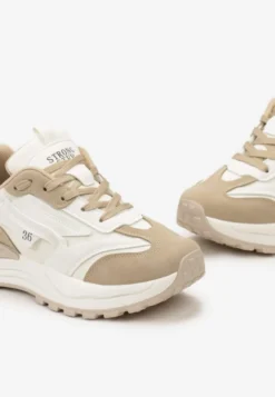 Beżowe Sneakersy ze Sznurowaniem i Ozdobnymi Naszywkami Ocellia