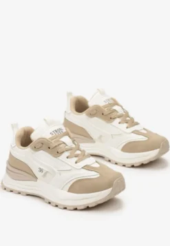Beżowe Sneakersy ze Sznurowaniem i Ozdobnymi Naszywkami Ocellia