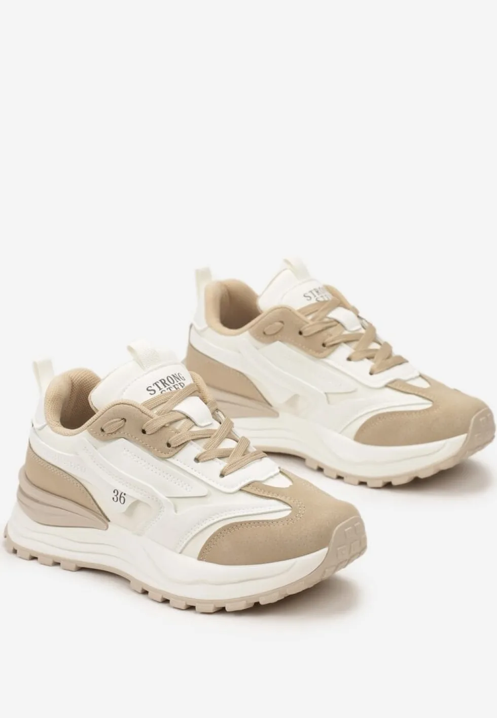 Beżowe Sneakersy ze Sznurowaniem i Ozdobnymi Naszywkami Ocellia