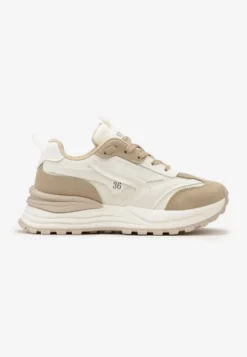 Beżowe Sneakersy ze Sznurowaniem i Ozdobnymi Naszywkami Ocellia